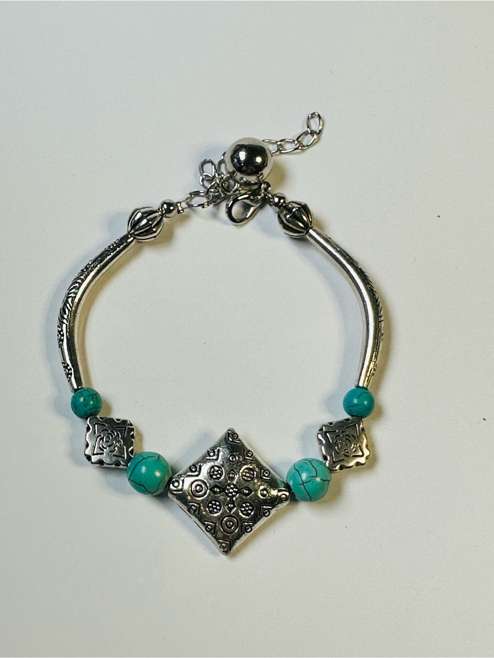 Silver-Tone Turquoise Bead Statement Bracelet